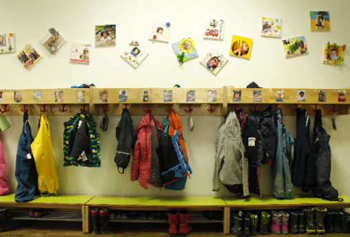 Das Bild zeigt, eine Kindergarten Garderobe mit Jacken, Schuhen und Taschen.